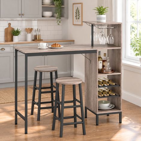 Set tavolo bar 3 pezzi con vano portaoggetti, portabottiglie e portabicchieri, grigio (1/5)
