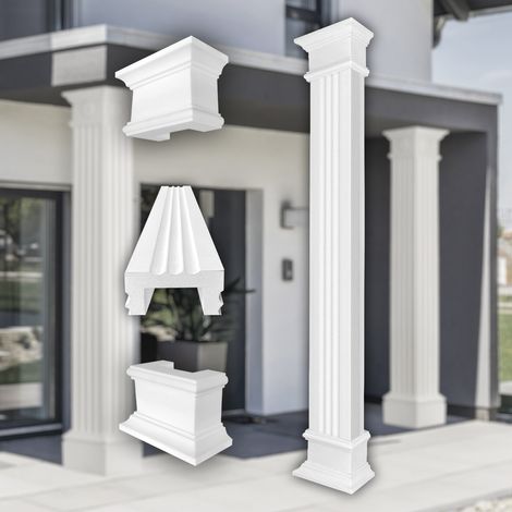 Säulen und Halbsäulen eckig teils kanneliert in 3 Größen, Fassadenstuck modern außen, Prestige Decor: Komplettset 4, Größe M - halbiert