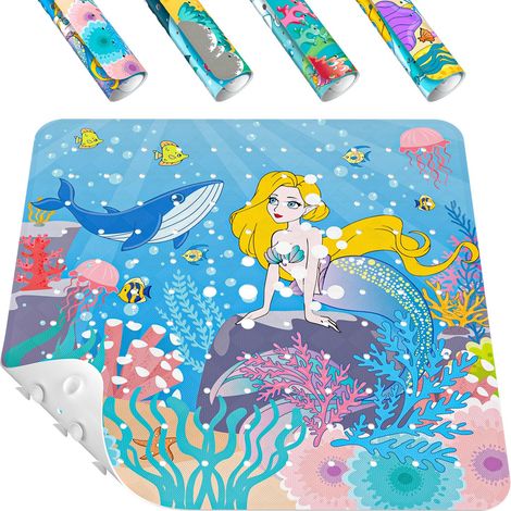 Carré Tapis de Douche antidérapant pour Enfants, 53 x 53 cm bébé Tapis de Bain, Tapis de Baignoire avec ventouses puissantes et Trous d'évacuation, Lavable en Machine, Sirène (1/5)