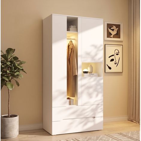 MODFU – Armario 90x50x200 cm con LED, barra para colgar, 2 cajones, 6 estantes y 3 puertas, estructura de MDF – Blanco (1/5)