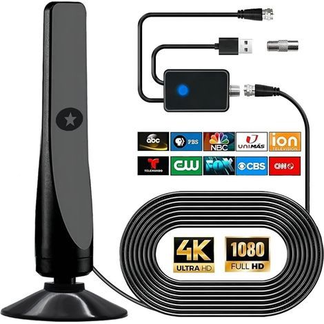 Antenne TV numérique, puissante antenne HDTV intérieure extérieure avec amplificateur, réception 360° de 50 miles Antenne TV, prise en charge 4K 1080P, TV gratuite DVB-T2 VHF UHF, câble coaxial de 3 m (1/5)