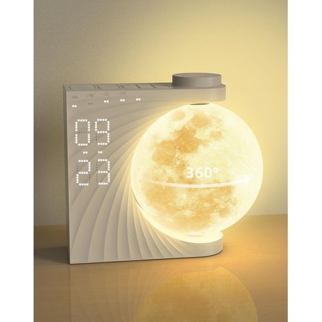 Lampe de Lune avec Réveil Lumineux mit Alarme, Eveil Lumière LED, Réveil et Machine Sonore avec Lumière de Lune Veilleuse, Fonction Snooze, 10 Nature Sound, 8 Couleurs (Rotation-White) (1/5)