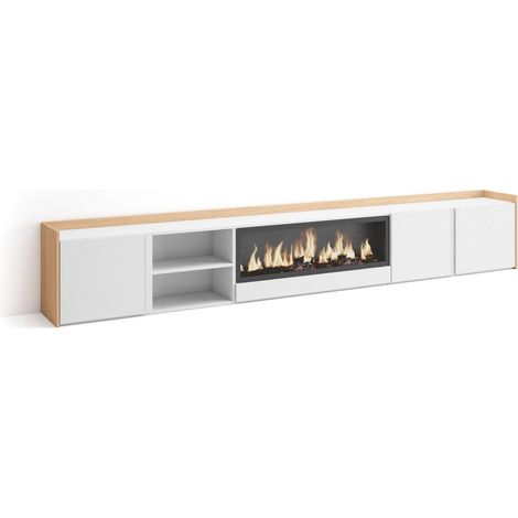 Skraut Home - Mueble TV, Televisión, Muebles de salón, almacenaje, 315x35x50cm, Para TV hasta 80", Chimenea eléctrica XXL, Estilo Moderno, Blanco y roble soft (1/5)