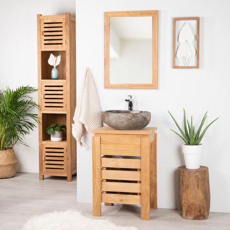 Wanda Collection – Meuble bas de salle de bain en teck massif 50 cm – Résistant à l'humidité – Dimensions : 50x75x40 cm – Style zen contemporain