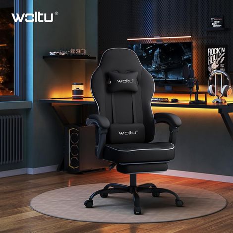 WOLTU Racing Style Gaming Chair with head cushion, lumbar cushion, footrest, Black+Grey