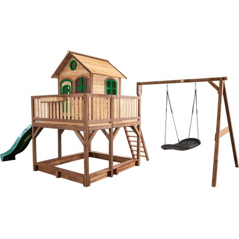 Axi Liam Maison Enfant Avec Bac À Sable, Balançoire Nid D’Oiseau Noir & Toboggan Vert  Aire De Jeux Pour L'Extérieur En Marron & Vert  Maisonnette / Cabane De Jeu En Bois Fsc