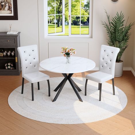 DESMIU Table de salle à manger ronde avec 4 chaises, structure en X, pour cuisine et salle à manger, blanc noir (1/5)