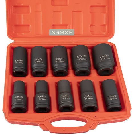 Ensemble de douilles à chocs profondes, 10 pièces, 6 points, tailles métriques 17mm-41mm Écrou à impact, Jeu de douilles à chocs profonds Drive, longueur de 80 mm. (1/5)