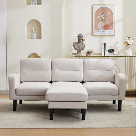 Divano angolare 204x136x80 cm, 3 posti con chaise longue, tasche laterali, tessuto beige (1/5)