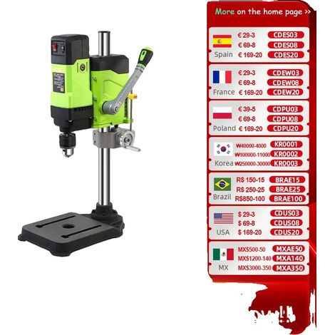 Perceuse à colonne, puissance 800W, vitesse 0-2800 tr/min, diamètre de serrage Ø1,5-13mm, course de travail 60mm, capacité de perçage max bois Ø30mm (1/5)