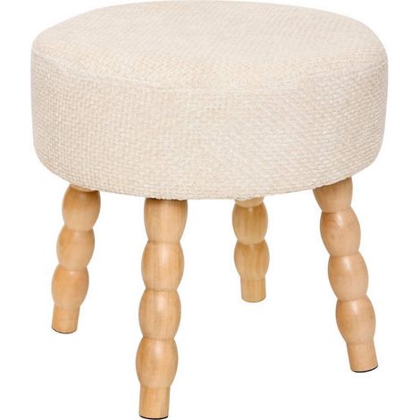 Tabouret rond rembourré tissu crème et pieds en bois - Diamètre 39 x Profondeur 38 x Hauteur 38 cm (1/2)