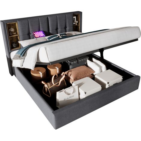 Lit coffre 140x200 cm rembourré avec recharge sans fil, ports USB et USB-C, rangement sous sommier, gris, matelas inclus, pour chambre adulte - CHICFURN (1/5)