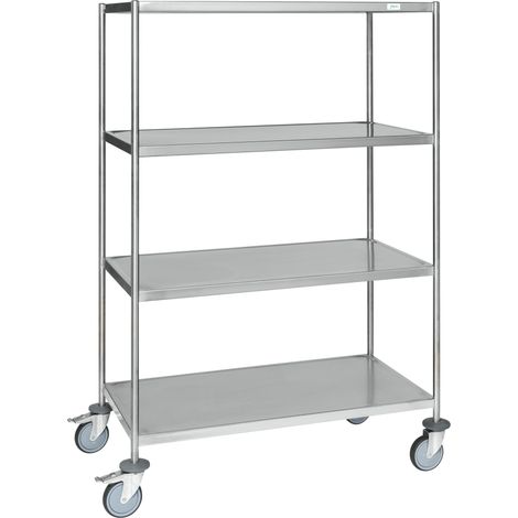 Kongamek Edelstahl- Etagenwagen vollständig geschweißt, 4 Ladeflächen 800x550mm Gummibereifung mit Bremse (1/2)