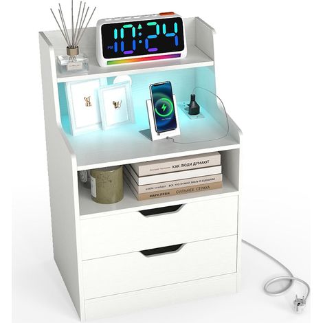 COSTWAY Comodino per Camera da Letto, Tavolino da Letto con Luci LED Regolabili e Stazione di Ricarica, Comodino Moderno con 2 Cassetti e Ripiano Aperto, per Soggiorno e Camera da Letto (Bianco) (1/5)