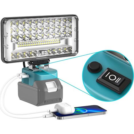 Wiederaufladbare LED-Leuchte für Makita 18 V Akku – 60 W LED-Baustrahler Doppelschalter mit Typ C/USB-Arbeitsleuchte für Garage, Camping, Baustelle (keine Batterie) (1/5)