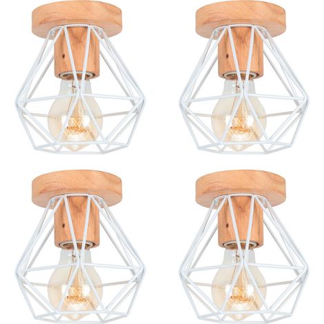 4PCS Plafonnier Vintage Rétro E27 Lampe de Plafond Cage Diamant en Bois et Fer Blanc (1/5)