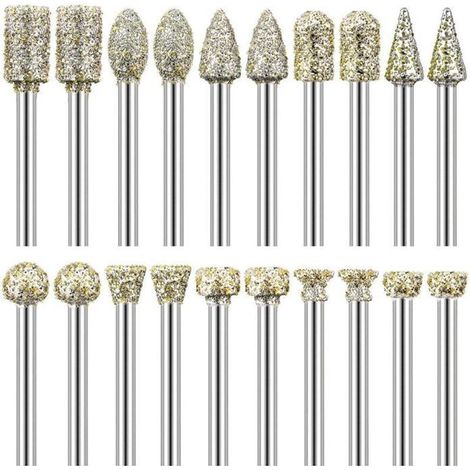 Lot de 20 fraises diamantées pour sculpture – Tige 1/8 po – Polissage et meulage – Compatible Dremel (1/4)