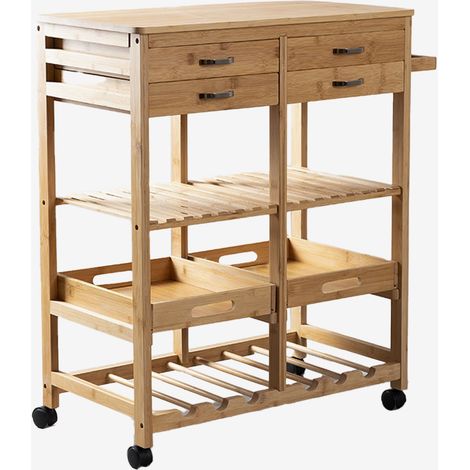 Sklum – Chariot de cuisine en bambou – Desserte avec 4 tiroirs et porte-bouteilles – Dimensions 80x71,5x36 cm – Roues avec freins (1/5)