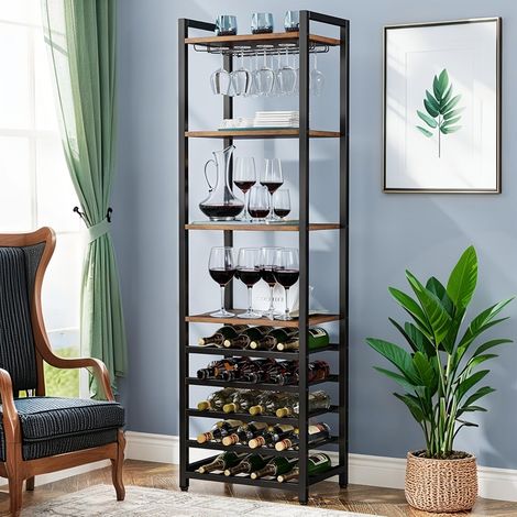 180 cm hohes Weinregal, 9-stöckiges, freistehendes Flaschenregal mit Glashalter und Ablageflächen für Weinbar und Küche