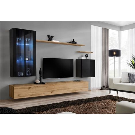 Ensemble mural - Switch XII - 2 vitrines LED - 2 bancs TV - 1 vitrine carrée - 3 étagères - Bois et noir - Modèle 2 - Livraison gratuite