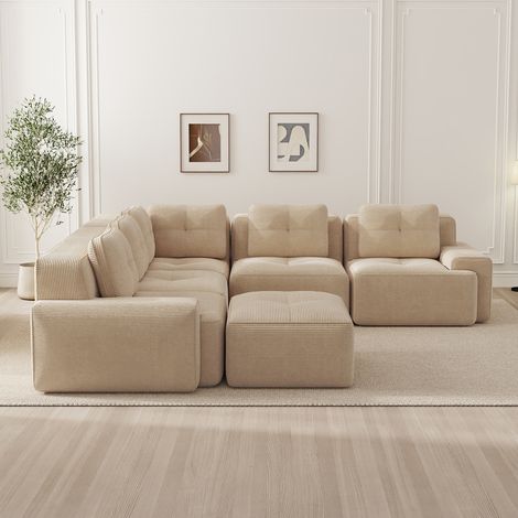 Canapé d'angle modulable beige, sans châssis, avec pouf, velours côtelé, confortable pour salon ou bureau, revêtement antidérapant, prêt à l'emploi, livré assemblé (1/5)