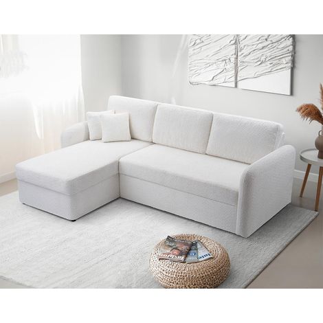 Pocatello - 4-sitzer ecksofa beidseitig montierbar - schlaffunktion und bettkasten - aus bouclé-stoff - weiß