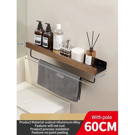 Étagère d'angle en bois et aluminium (poteau noir de 60 cm) pour salle de bain, rangement pour shampoing, étagère murale de douche. (1/5)
