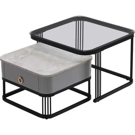 Set de 2 mesas de centro encajables con efecto mármol, cristal y estructura negra (1/5)
