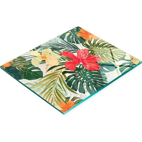 Tabla de cortar y servir decorativa de vidrio con dise帽o de flores hawaianas, 60x52 cm.
