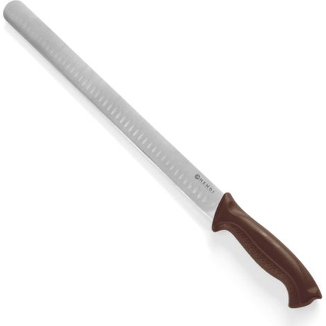 Cuchillo para carne de jamón y salmón, de hoja esférica, HACCP, largo, 490 mm - marrón - Hendi 842966