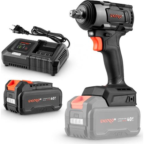 Llave de impacto a batería Dnipro-M 40 V, 450 Nm, motor sin escobillas, cuadradillo 1/2", 3 velocidades, batería 2 Ah y cargador