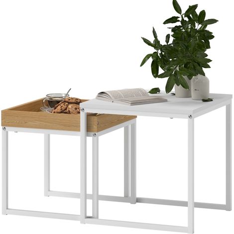 2er-Set quadratische weiße Couchtische aus MDF und Metall für kleine Räume MODENUIT (1/5)