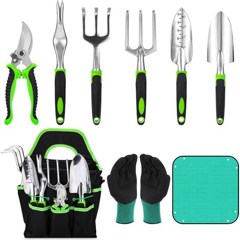 Gardening Tools, 9 Piece Garden Tool Set with Storage Bag, Rakes, Transplant, Gloves, Plant Mat, Gardening Kit (1/5)