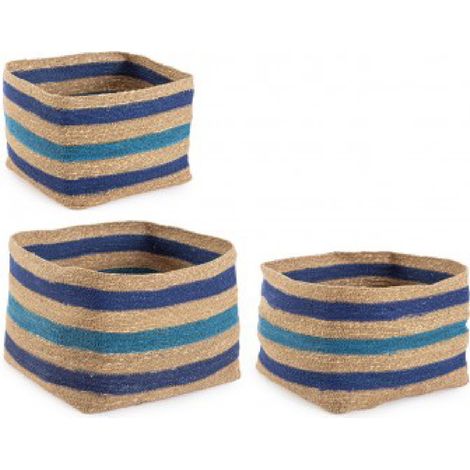 Set 3 Cesta Ylenia quadrata alta naturale e blu da esterno