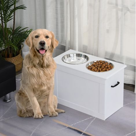 Meuble à gamelles surélevé pour chien et chat, rangement, 2 bols inox 2 x 2000 ml, blanc HAVRYA (1/4)