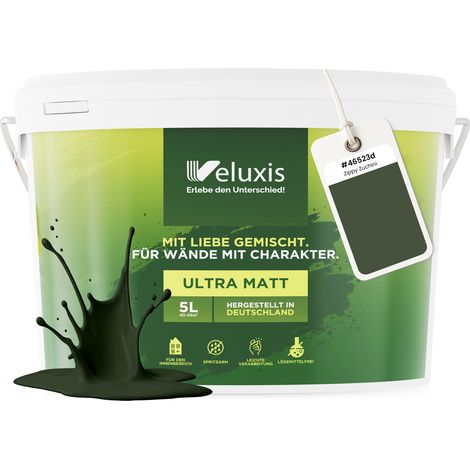 Wandfarbe Grün Dunkelgrün Braun Matt Innenfarbe – Deckkraft Klasse 1, VOC-frei, Ohne Grundierung, Tropfarm – Wohnzimmer & Schlafzimmer – 5L – Veluxis (Zippy Zucchini)