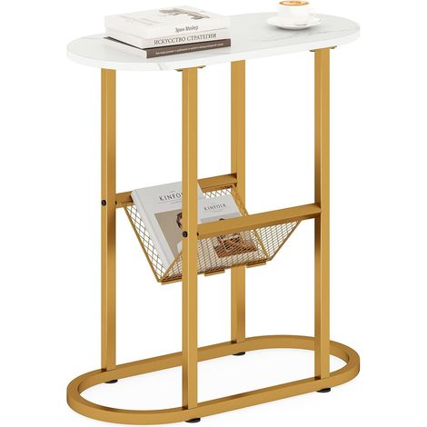 COSTWAY Tavolo da Salotto a 2 Livelli, Tavolino Ovale Stretto con Struttura di Metallo Robusta, Ripiano di Rete Metallica, per Soggiorno e Camera da Letto, 60 x 28,5 x 64 cm (Bianco + Oro) (1/5)
