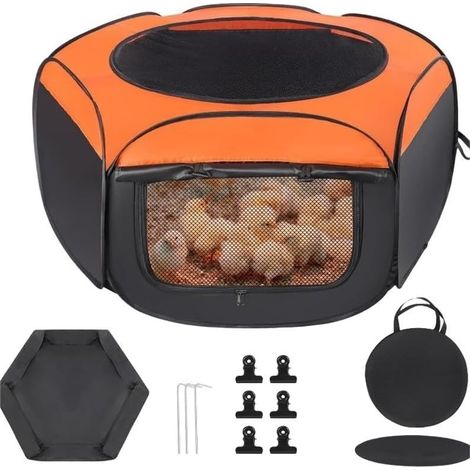 Nichoir à poussins avec double entrée, couvercle supérieur en maille et tapis imperméable, tente portable pour poussins, canards, cailles, clôture en tissu Oxford 114 x 114 x 59 cm (1/5)