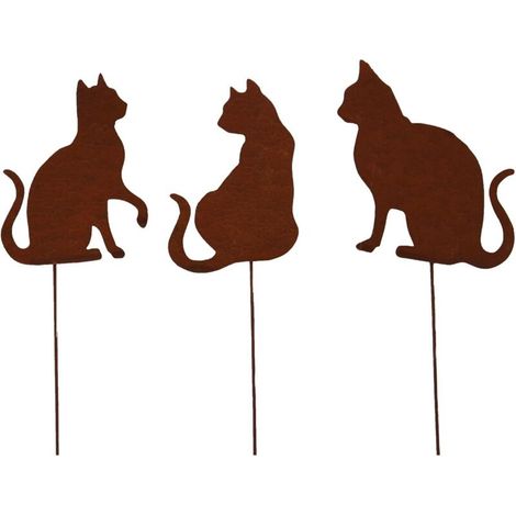 Lot de 3 piquets de Jardin en Forme de Chat - Décoration de Jardin Aspect Rouille - Piquet en métal rouillé - Décoration pour Jardin, terrasse, Balcon