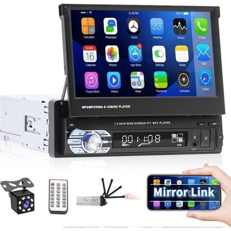 Autoradio 1 Din avec écran rétractable HD 7 Pouces Radio stéréo Automatique Bluetooth Mains Libres USB FM Lien Miroir AUX.[Y742] (1/4)