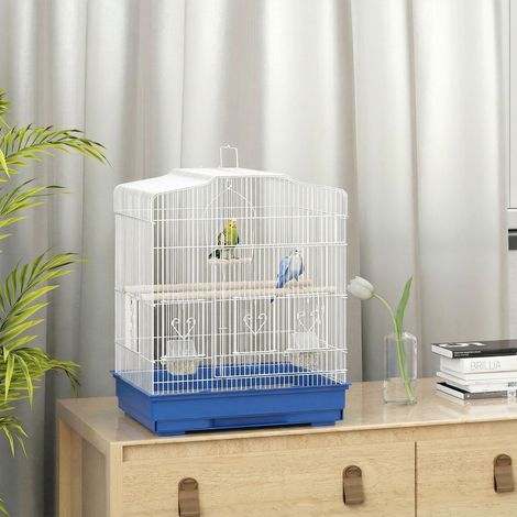 Bleu 46,5x36x59 cm - Cage à oiseaux volière en acier doté de 2 mangeoires, 2 perchoirs à balançoire et poignée de plateau amovible