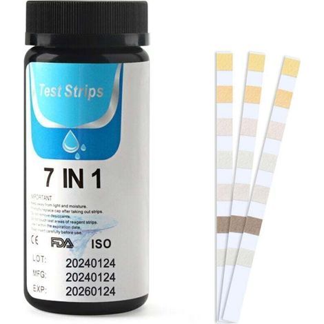 7 en 1 Testeur pour Eau de Piscine et Spa, 50 Bandelettes Test Piscine, Test Piscine Chlore et ph, Le Brome, la Dureté Totale, l’Alcalinité Totale, l’Acide cyanurique, Le Chlore Total (1/4)