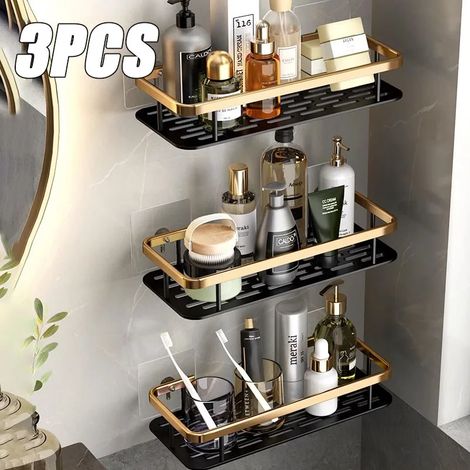 (Étagère carrée, lot de 3) Étagère d'angle de salle de bain, organisateur de douche sans clous, étagère murale en aluminium, accessoires de salle de bain (1/5)