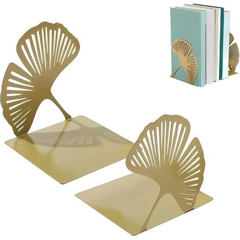 Serre-livres à motif de feuille de ginkgo - serre-livres - support de livre - étagère - métal - kaki (1/5)