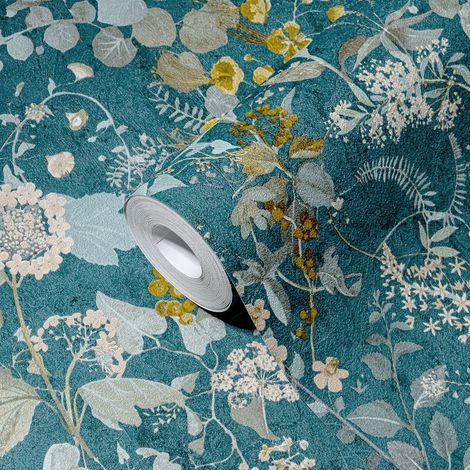 A.S. Creations – Papier peint vinyle bleu canard à motif feuillage – Lessivable et brossable – Raccord sauté – 270g/m²