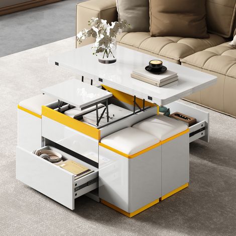 DESMIU Table basse relevable avec plateau rabattable, 1 tiroir, niches ouvertes et 4 tabourets, blanc, 100 × 50 × 43 cm (1/5)