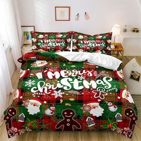 Parure de lit 200 x 220 cm - Pour fille et garçon - Vert et rouge - Carreaux - Flocon de neige - Père Noël - 1 housse de couette et 2 taies d'oreiller 80 x 80 cm - Avec fermeture éclair (1/5)