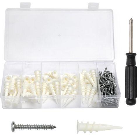 Kit Cheville Queue de Cochon avec Vis et Tournevis 100 Chevilles Auto Perceuses pour Plaque de Plâtre Mur Creux Polystyrène Façade Chevilles à Expansion avec Boîte de Rangement pour Isolation Intérieu (1/5)