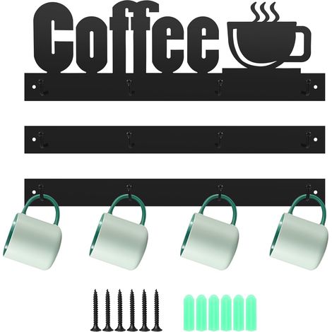 Lot de 3 porte-gobelets muraux pour tasses à café, 12 crochets pour tasses murales, pour cuisine, salle de pause, café, coin café (1/5)