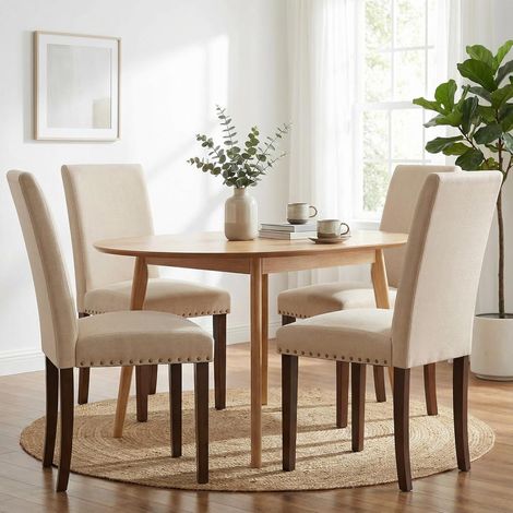 Esszimmerstühle 4er Set, Traditionell mit Nieten Vielseitiger, Leinen mit Massivholzbeinen, Gepolsterte Sitzfläche, für Küche, Esszimmer(Beige, 4pcs) (1/5)